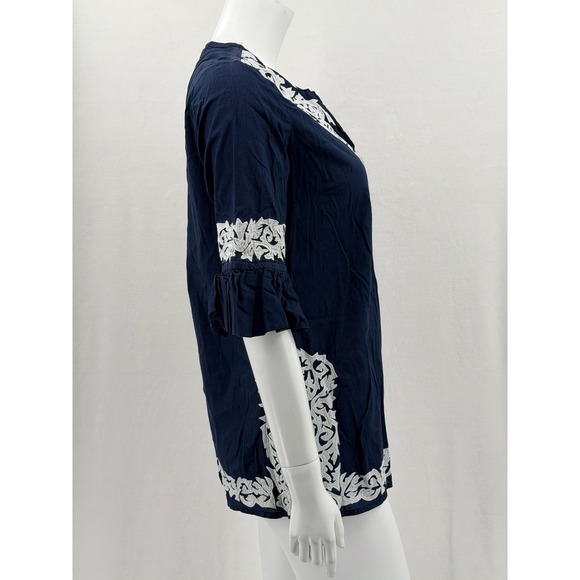Gretchen Scott Top Women Small Navy White Tunic Sheer 100% Cotton Nautical Beach - Picture 3 of 9